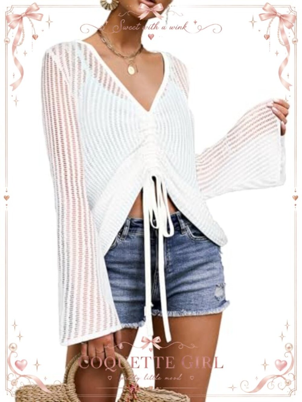 Crochet Coverup Bell Long Sleeve V Neck Tie Front Drawstring Ruched Shirt Beach